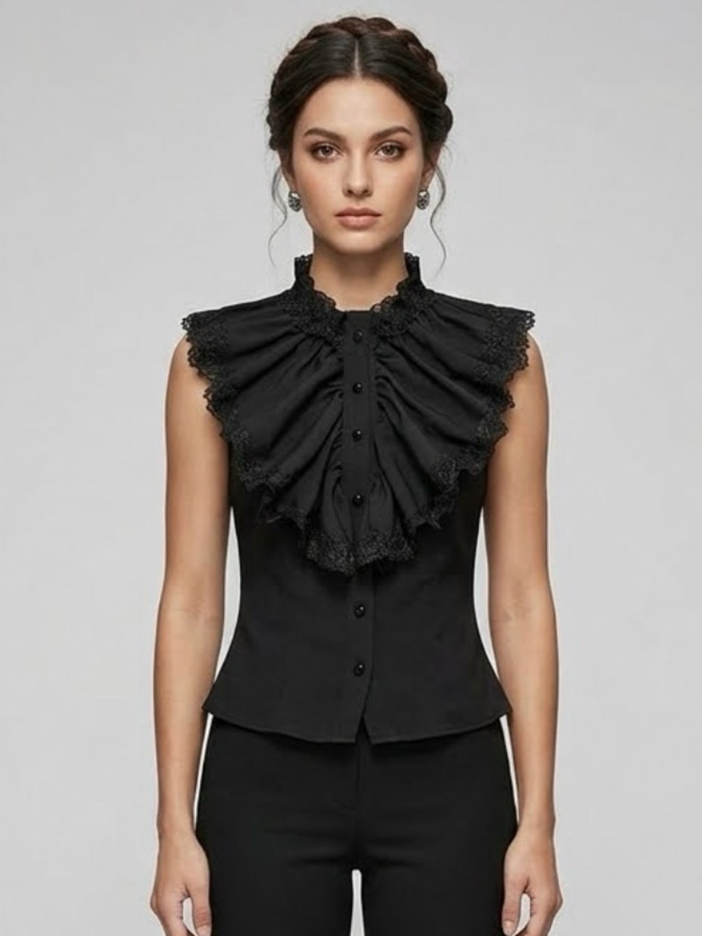 Sleeveless Black Ruffle Lace Bib Blouse